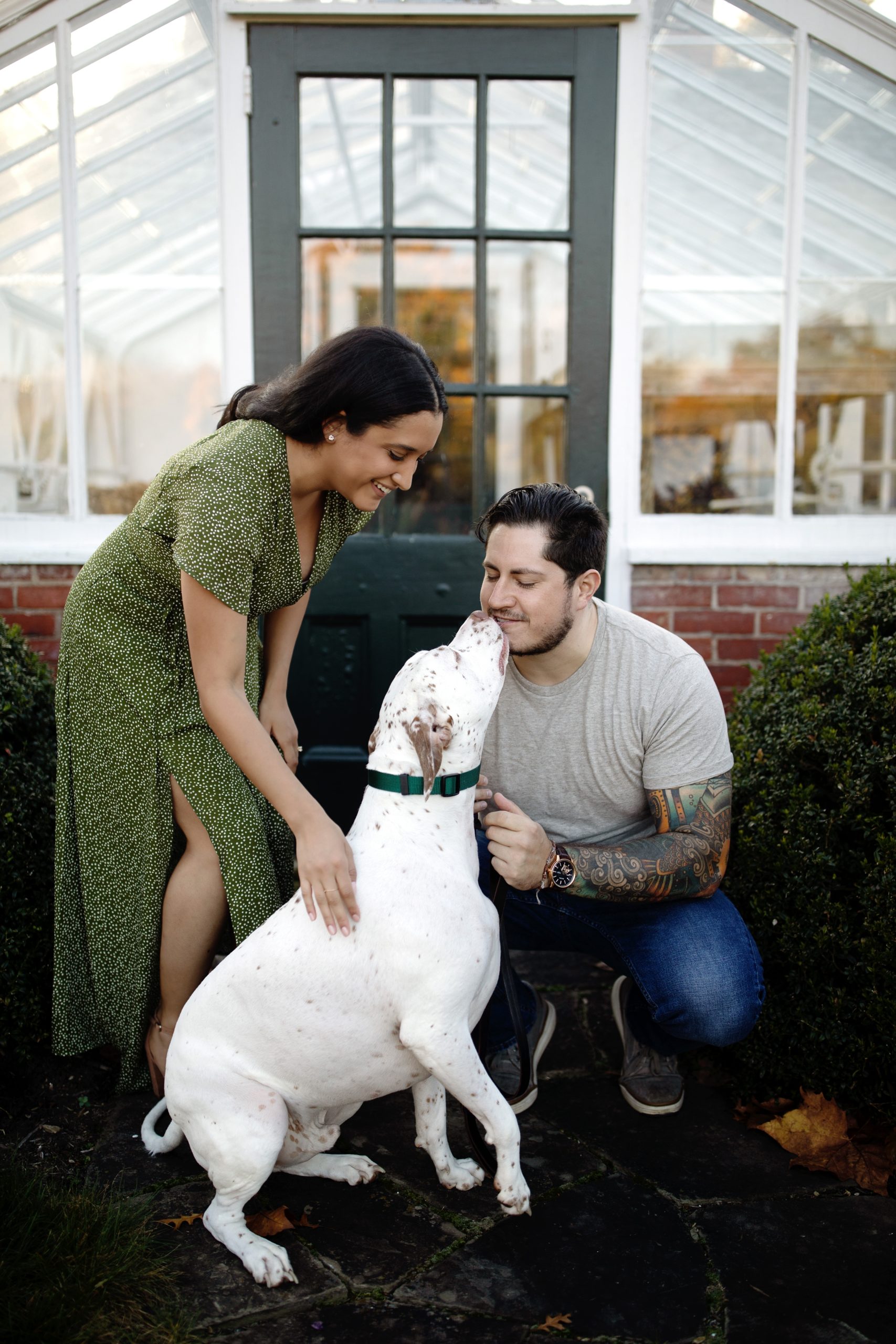 Engagement couple in the fall at Drumore Estate, Lancaster PA in a casual romantic green dress with their dog.