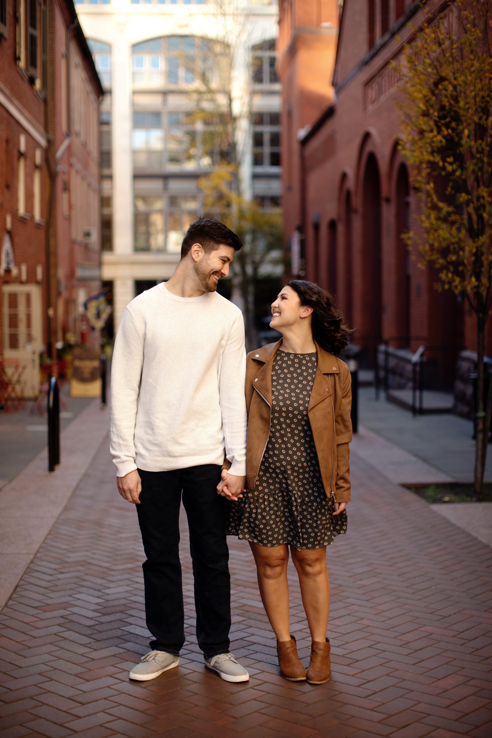 Lancaster City Fall Engagement Photos, Couple Strolls through Central Market and exploring the light and texture that Lancaster City, PA offers.